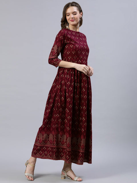 Women Burgundy Printed Dress With Three Quarter Sleeves
