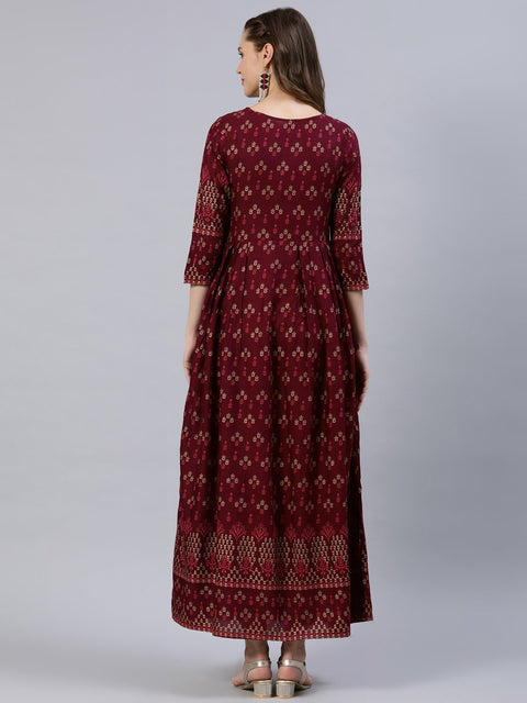 Women Burgundy Printed Dress With Three Quarter Sleeves