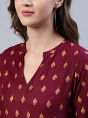 Women Burgundy Printed Dress With Three Quarter Sleeves