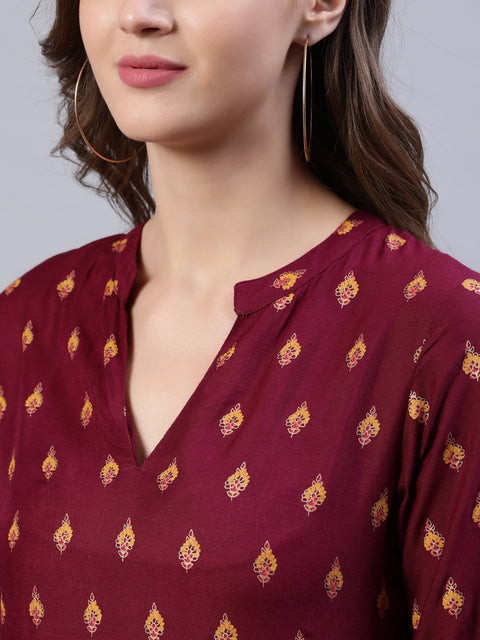 Women Burgundy Printed Dress With Three Quarter Sleeves