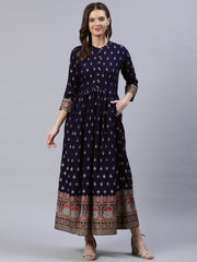 Women Navy Blue Printed Dress With Three Quarter Sleeves