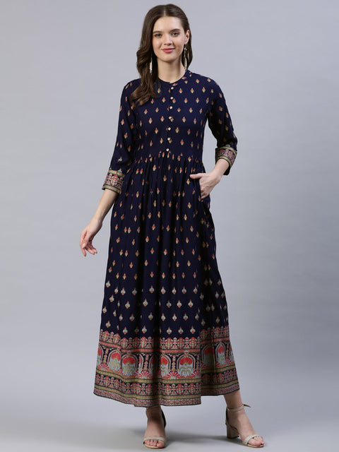Women Navy Blue Printed Dress With Three Quarter Sleeves