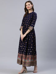 Women Navy Blue Printed Dress With Three Quarter Sleeves
