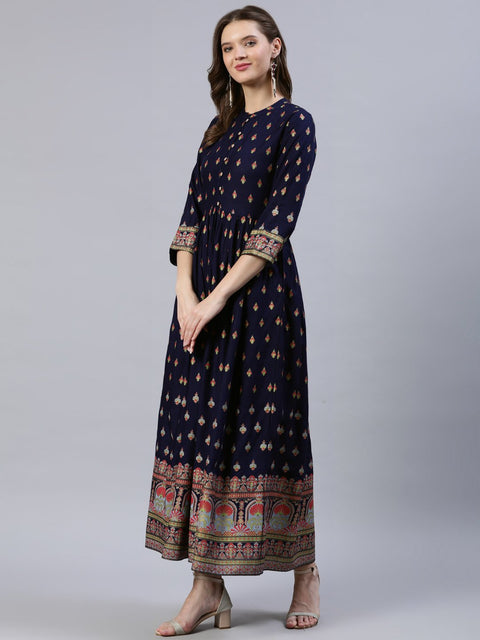 Women Navy Blue Printed Dress With Three Quarter Sleeves