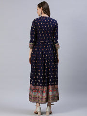 Women Navy Blue Printed Dress With Three Quarter Sleeves