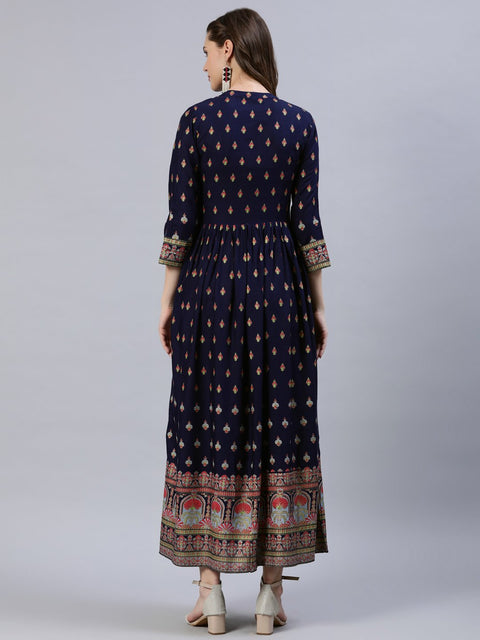 Women Navy Blue Printed Dress With Three Quarter Sleeves