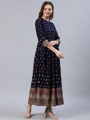 Women Navy Blue Printed Dress With Three Quarter Sleeves