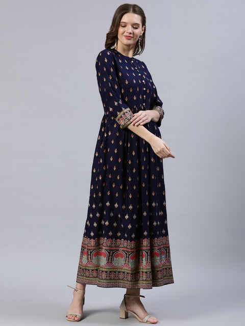 Women Navy Blue Printed Dress With Three Quarter Sleeves