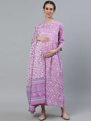 Women Purple Printed Maternity Dress With Three quarter sleeves & Dupatta