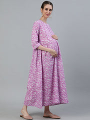 Women Purple Printed Maternity Dress With Three quarter sleeves & Dupatta