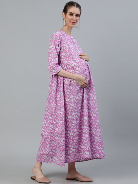 Women Purple Printed Maternity Dress With Three quarter sleeves & Dupatta