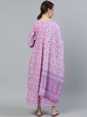 Women Purple Printed Maternity Dress With Three quarter sleeves & Dupatta
