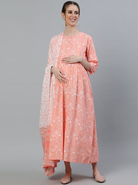 Women Peach & gold Printed Maternity Dress With Three quarter sleeves & Dupatta