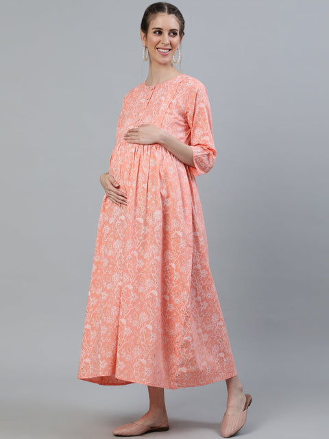 Women Peach & gold Printed Maternity Dress With Three quarter sleeves & Dupatta