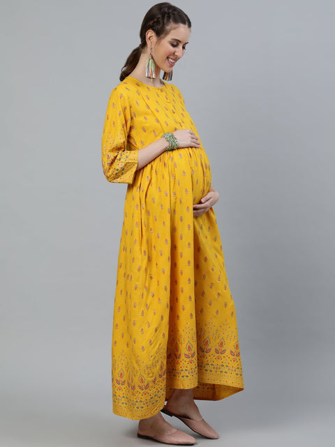 Women Yellow & Gold Printed Maternity Dress With Three quarter sleeves
