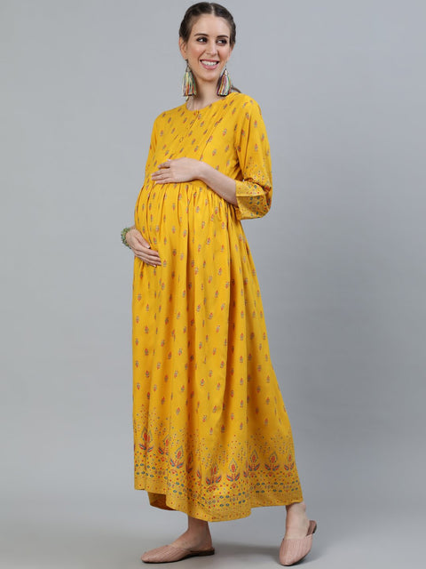 Women Yellow & Gold Printed Maternity Dress With Three quarter sleeves