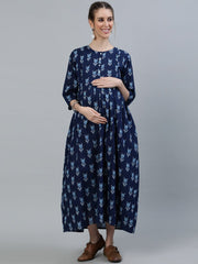 Women Blue Indigo Printed Maternity Dress With Three quarter sleeves