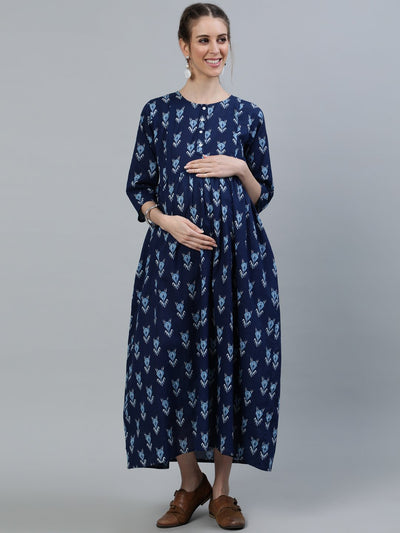 Women Blue Indigo Printed Maternity Dress With Three quarter sleeves