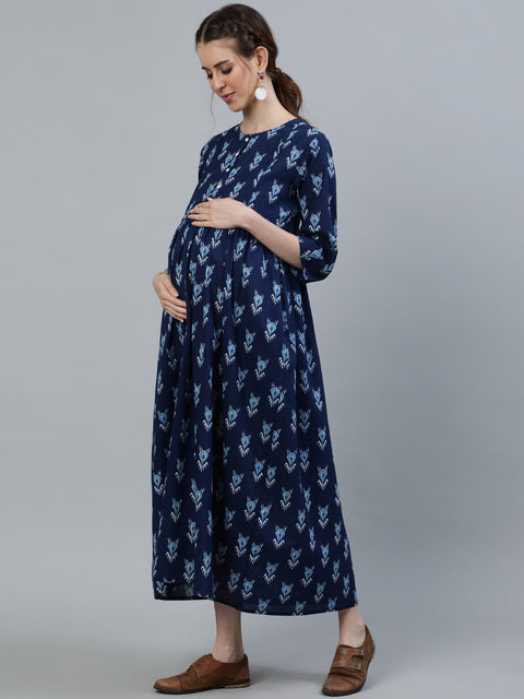 Women Blue Indigo Printed Maternity Dress With Three quarter sleeves
