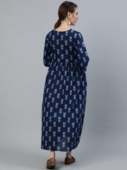 Women Blue Indigo Printed Maternity Dress With Three quarter sleeves