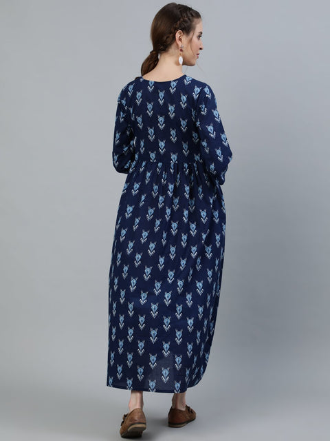 Women Blue Indigo Printed Maternity Dress With Three quarter sleeves