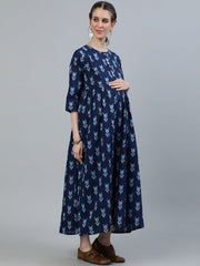 Women Blue Indigo Printed Maternity Dress With Three quarter sleeves