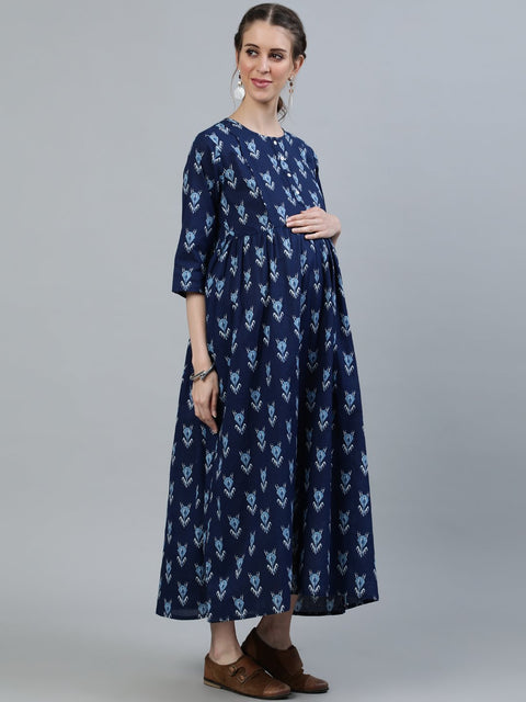 Women Blue Indigo Printed Maternity Dress With Three quarter sleeves
