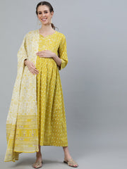 Women Lime Green & Gold Indigo Printed Maternity Dress With Three quarter sleeves & Dupatta