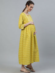 Women Lime Green & Gold Indigo Printed Maternity Dress With Three quarter sleeves & Dupatta