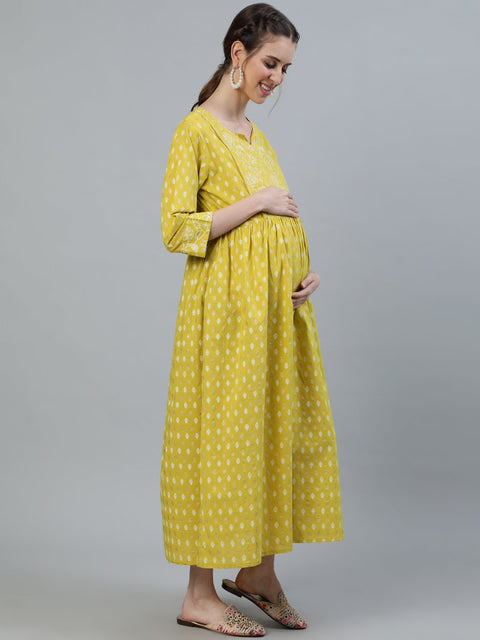 Women Lime Green & Gold Indigo Printed Maternity Dress With Three quarter sleeves & Dupatta