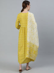 Women Lime Green & Gold Indigo Printed Maternity Dress With Three quarter sleeves & Dupatta