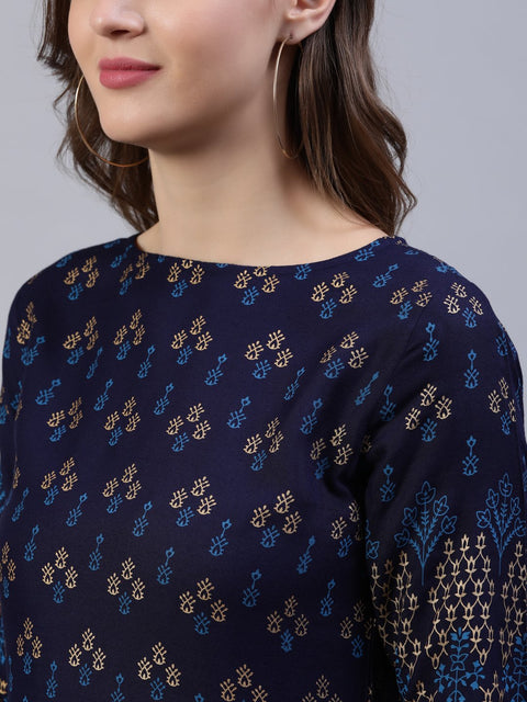 Women Navy Blue & Gold Printed Dress With Three Quarter Sleeves