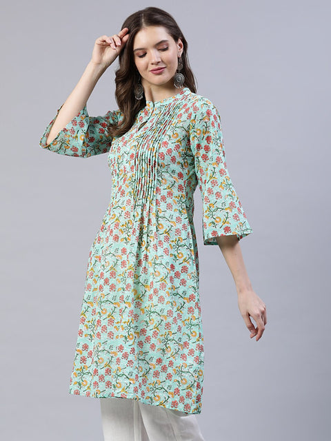 Women Green Pleated A-line Kurta With Three Quarter Sleeves