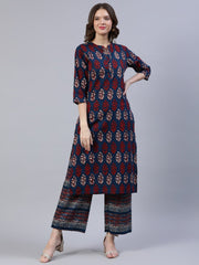 Women Blue & Red Printed Straight Kurta