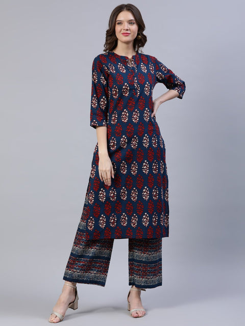 Women Blue & Red Printed Straight Kurta