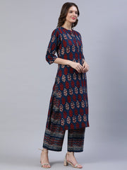 Women Blue & Red Printed Straight Kurta