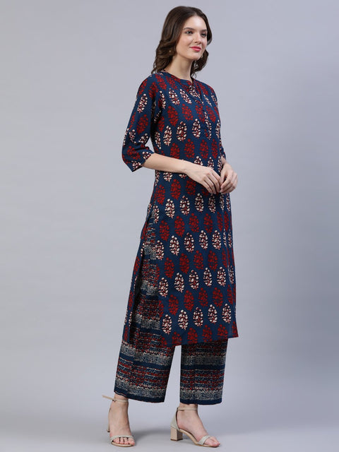 Women Blue & Red Printed Straight Kurta