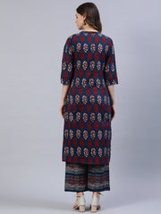 Women Blue & Red Printed Straight Kurta