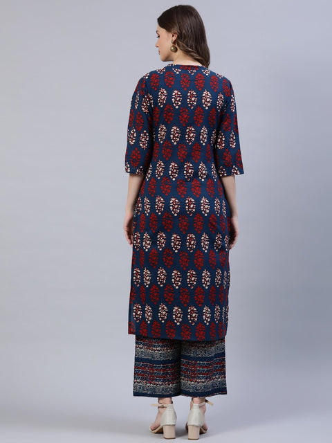 Women Blue & Red Printed Straight Kurta