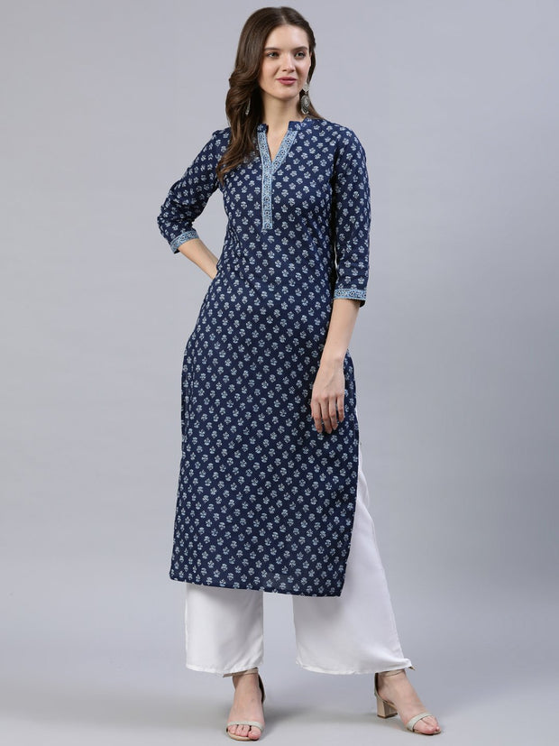 Women Indigo Blue Printed Straight Kurta With Three Quarter Sleeves