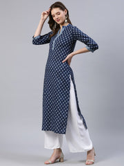 Women Indigo Blue Printed Straight Kurta With Three Quarter Sleeves