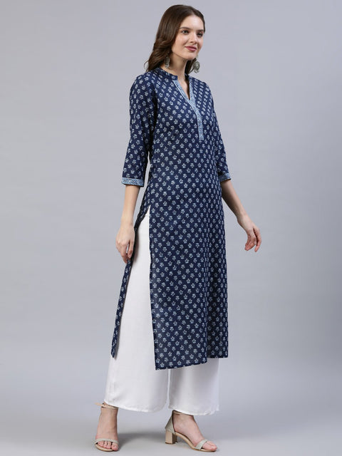 Women Indigo Blue Printed Straight Kurta With Three Quarter Sleeves