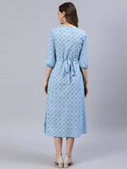 Women Light Blue Dress With Three Quarter Detailed Sleeves