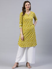 Women Green Printed Straight Kurta With Three Quarter Sleeves