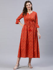 Women Red Printed Dress With Flared Sleeves