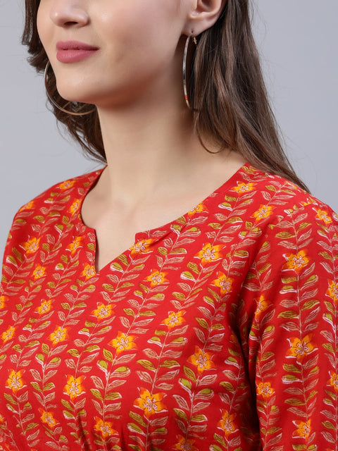 Women Red Printed Dress With Flared Sleeves