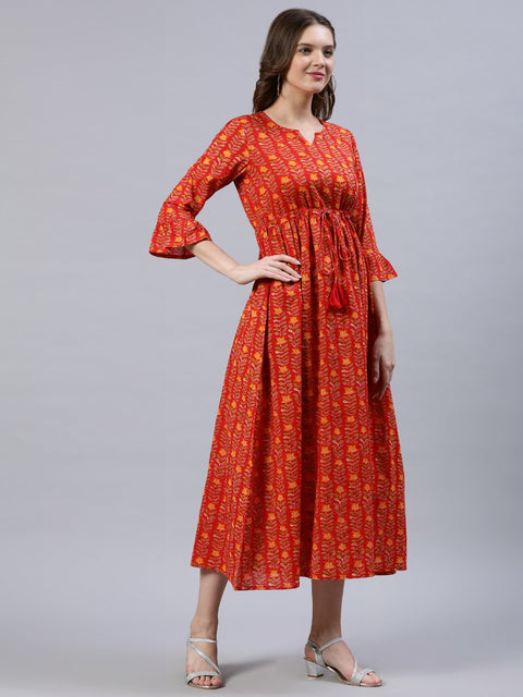Women Red Printed Dress With Flared Sleeves