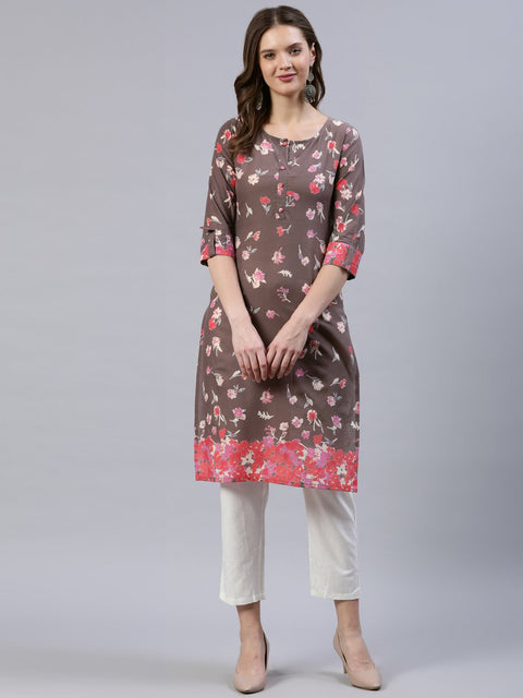 Women Taupe Printed Straight Kurta With Three Quarter Sleeves