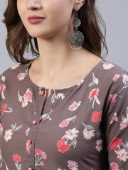 Women Taupe Printed Straight Kurta With Three Quarter Sleeves