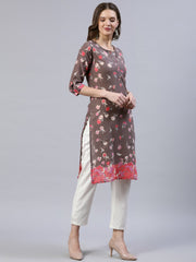 Women Taupe Printed Straight Kurta With Three Quarter Sleeves